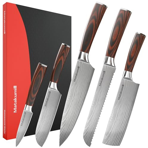 Matakumi Küchenmesser-Set mit graviertem Damastmuster, scharfer Kohlenstoffstahl-Messerset mit ergonomischen Griffen für komfortable und langlebige Nutzung, 5-teiliges Messer-Set