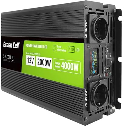 Green Cell LCD Wechselrichter 2000W/4000W 12V, 230V – Reiner Sinus, Pure Sine Wave Power Inverter, DC/AC Stromwandler für Auto, Wohnwagen, Autoladegerät