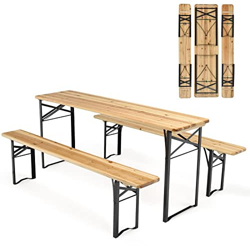 GIANTEX Bierzeltgarnitur 3 teilig klappbar Festzeltgarnitur 2 x Bierbänke 1 x Biertisch Picknicktisch 177x46x75 cm Campingtisch Stehtisch Sitzgarnitur Massivholz Metallrahmen Biergarten Biergarnitur