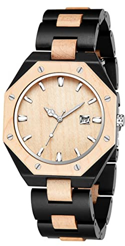 Tiong Herren Holzuhr Analog Quarz mit Holzarmband, Leichte & Elegante Holz Armbanduhr für Männer, Quarzuhr aus Holz als Geschenk für Männer