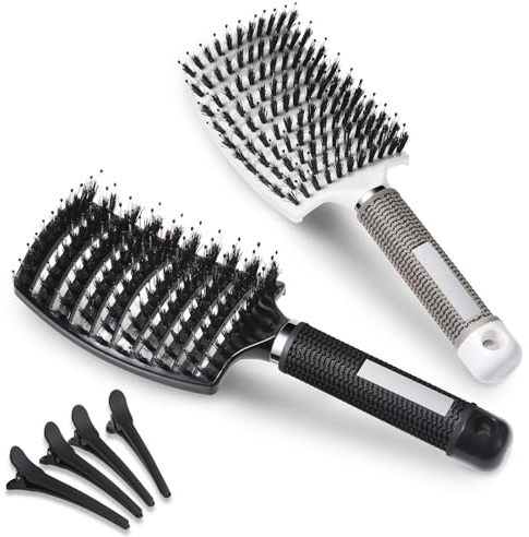 Lictin Haarbürste Ohne Ziepen - Wildschweinborsten für Locken & Lange Haare | Natur Antistatisch Entwirrbürste für Damen, Herren & Kinder,Mit 4 Haar Klammer, Schwarz+Weiß (2 Stück)