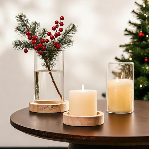 NUPTIO Windlicht Glas Holz Kerzenständer Kerzenhalter Wohnzimmer Deko | 2er Set Gläser Vase Windlichter Outdoor Stumpenkerzen Tischdeko Badezimmer Deko Esstisch Tisch Weihnachten Hochzeit