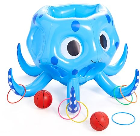 Sloosh Aufblasbare Octopus Pool Spielzeug, 2-in-1 aufblasbare Schwimmer Wasser Spiel, Basketball Hoop Ring Toss Outdoor Schwimmen Spielen, Toss Spiel schwimmende Schwimmbad Spiele für Kinder