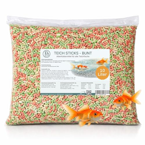 Teich Sticks Mix bunt 10 Liter Beutel, Premium Alleinfuttermittel, Fischfutter, Koi Futter, Goldfischfutter, Teichfutter, Teichfischfutter mit Vitaminen Tricolore, Nicht Trübend