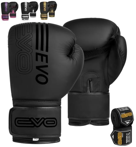 EVO Fitness Boxhandschuhe Männer Damen MMA Muay Thai Kampfsport Kickboxen Sparring Training Kämpfen Boxing Gloves Martial Arts Boxen Handschuhe Boxsack Rosa Handbandagen (Schwarz, 10 OZ)