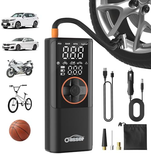 Oasser Elektrische Luftpumpe mit Dualer Anzeige 6000mAh 10,3 Bar Wiederaufladbar Akku Kompressor mit LED Beleuchtung 3M 12V Zigarettenanzünder für Auto Motorrad Fahrrad Ball Reise Camping