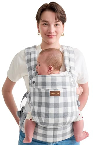 Momcozy Baby-Trage aus Natur-Baumwoll-Leinen: Besonders langlebig, ergonomisch, leicht & komfortabel - Hände-Frei für Mütter & Väter - Schiefer-Karo