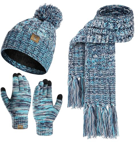 INSISMY Mütze Schal Handschuhe Set Winter Weich Warm Pelzgefütterte Bommelmütze Langer Schal mit Quaste und Touchscreen Handschuhe Set 3-teiliges Melange Gestrickt Damen Unisex