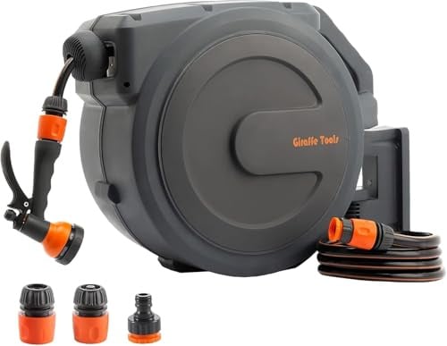 Giraffe Tools Auto Einzug Schlauchtrommel 25m+2m Wandmontierbare | Gartenschlauch Schlauchaufroller 180° Schwenkbar Beliebige Längensperre,7 Sprühmuster,Anschlussschlauch,Trommel,Für Garten