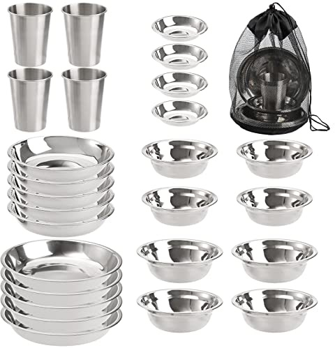 TOPZEA Edelstahl Campingteller und Schalen Set, Camping Mess Kits Camping Geschirr Set Geschirr, Edelstahl Geschirr für Camping, Wandern, Picknick, Wohnmobile