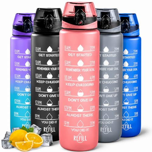 Active 100 Sport Trinkflasche 1L mit motivierender Zeitmarkierung, Wasserflasche 1L Auslaufsicher BPA-frei ungiftig für Laufen, Radfahren, Fitnessstudio, Schule & Büro