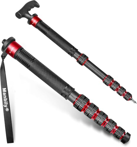 Manbily 32mm Einbeinstativ Carbon für Kameras 44cm-174cm Kohlefaser Monopod Stativ DSLR Reise-Einbeinstativ mit Gehstockgriff 6 Abschnitte Wanderstöcke Max. 15KG mit Telefonclip für Videokamera (Rot)