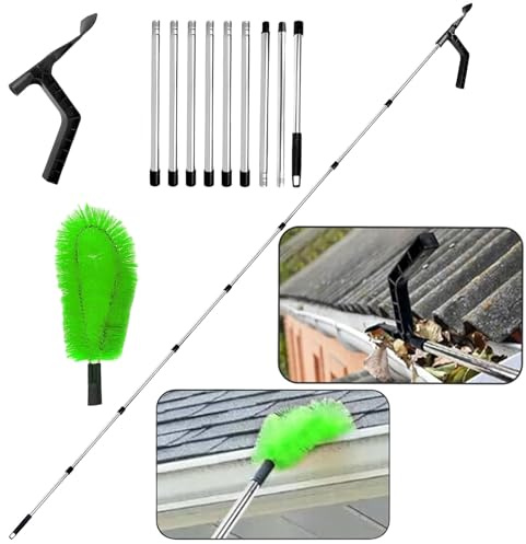 Dachrinnenreiniger Dachrinnenbürste und Reinigung Löffel Schaufel 2 in 1, 350 CM Dachrinnenreinigung Werkzeug Teleskop Tachrinnenreiniger Werkzeu für Dachrinnen, Kronleuchter und Dächer (Grün)