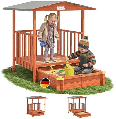 Spielwerk® Sandkasten Merle Sonnendach 143x130x130cm Veranda 95x95x20cm UV-Schutz Sandbox