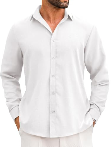 LETSEE Herren-Leinenhemden, langärmelig, ungeknöpft, lässig, Button-Down-Shirt, für Herren, Business-Kleidung, Mode, Strand-Top, Weiss/opulenter Garten, XL