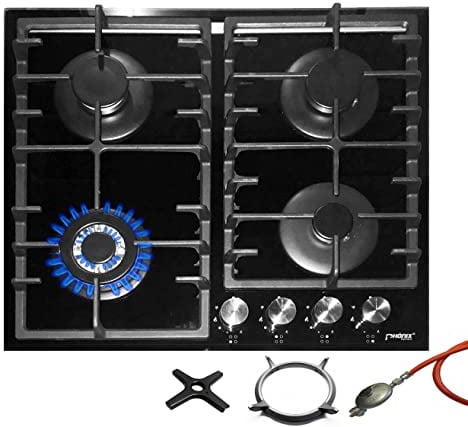 Phönix PG-603T Einbau Gaskochfeld Glas Kochfeld Gaskocher 4 flammig Propan-/ Erdgas inkl. Guss Wok-Aufsatz