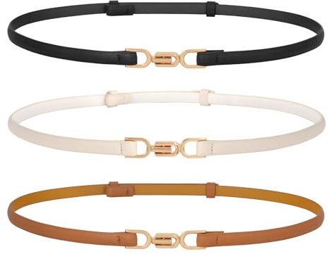 WERFORU 3 Stück Leder Skinny Frauen Gürtel Mode Damen dünne Leder Taillengürtel für Kleider mit Goldschnalle Schwarz/Beige/Braun
