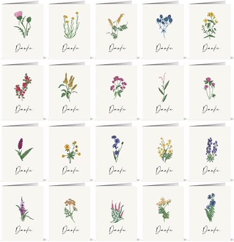 the lazy panda card company 20 Dankeskarten mit 20 verschiedenen Wildblumen auf der Vorderseite