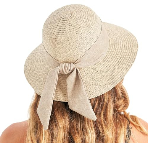 Gajaous Strand Sonnenhüte für Frauen mit UPF 50+, breiter Strohhut für Frauen mit Schleifendekoration, Leichter Faltbarer Sommerreise Strohhut