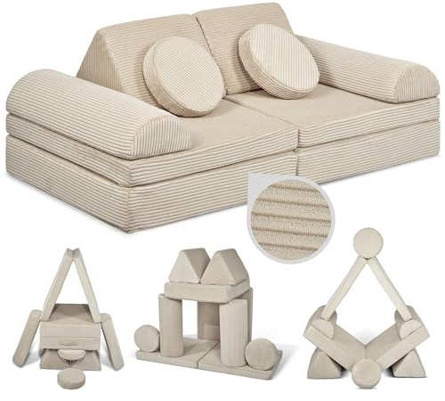 Linodino® Spielsofa Cord Fantasiewelt, Kindersofa-Bausteine - Stapelsteine für Kinder - Kindercouch, Sofa-Kuschelecke | Schaumstoff-Softbausteine | Oeko-TEX 100 Zertifiziert | Elfenzauber Beige
