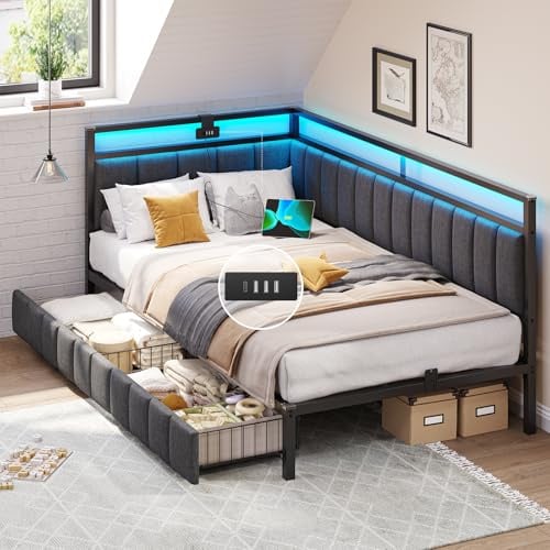 DICTAC Polsterbett Schlafsofa 90x200 mit LED-Beleuchtung und USB-Ladestation, Jugendbett Tagesbett 90x200 mit Lattenrost aus Metall und 2 Schubladen, Gästebett,Bettgestell - Ohne Matratze,Dunkelgrau