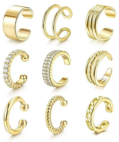 Chriscoco 9PCS Ear Cuff für Damen 14K Vergoldet Ohrclips Damen Ohne Ohrlöcher Ohrmanschette Fake Ohrringe Fakepircings Ohr Earcuffs Silber Fake Helix Knorpel Wrap Cuff Ohrringe Ohrklemme