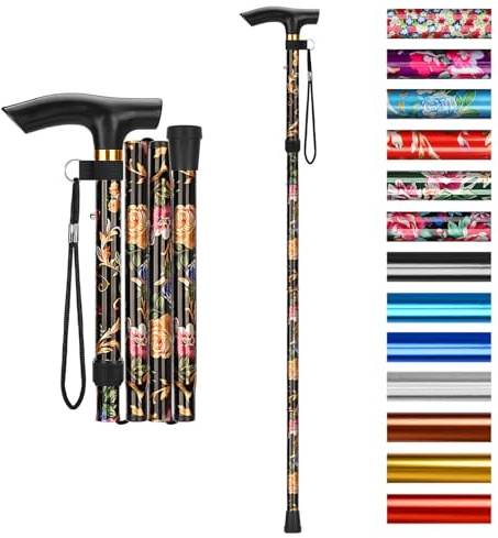 supregear Faltstock, 5-Stufig Höhenverstellbarer Gehstock, Leichter Tragbarer Gehstock Reisestock mit Handschlaufe und T-Griff für Altere Behinderte Männer Frauen, Schwarz Blumen