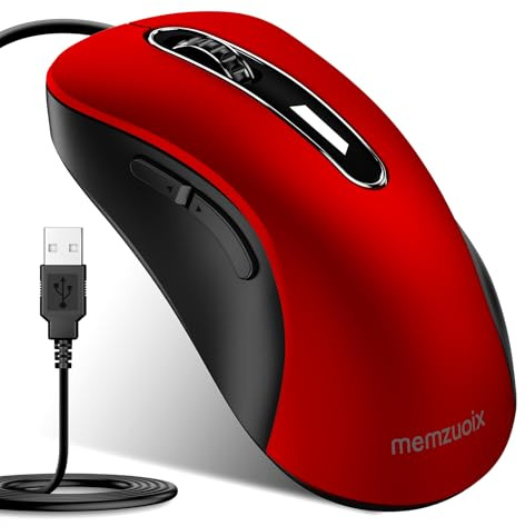 memzuoix Optische USB-Maus mit Kabel, 5 Tasten, 1400 DPI, 1,5 m – Granatrot | Treiberloses Plug & Play, gummiertes Scrollrad, stabile Verbindung; Windows und macOS; Seitentasten unter macOS ohne Funktion
