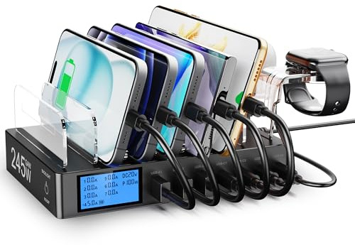 Ladestation für mehrere Geräte, 245W 7 Port Ladegerät mit LCD Bildschirm und 2-in-1 i-Watch-Ladehalterung,USB Ladestation für Tablet und iPad iPhone16/15/Pro/Max Samsung...（Keine Ladekabel inklusive）