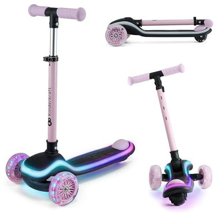 Kinderkraft RAKET Kinderroller ab 1 Jahr bis zu 50 kg, Scooter, Tretroller, LED Räder, Höheverstellbare Lenker, Modernes Design, Rosa