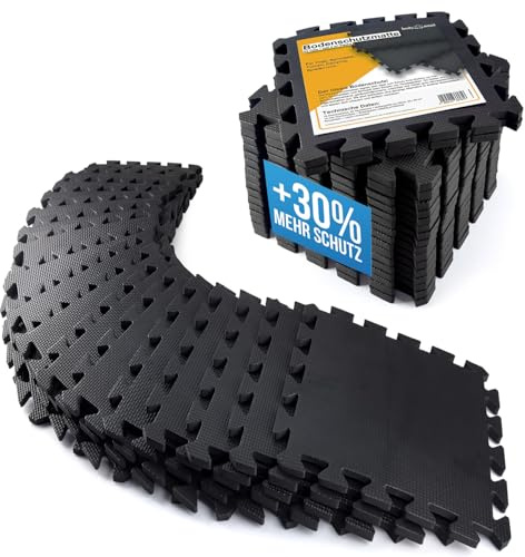 Boden-Schutzmatten XXL Set; Fitnessmatte Bodenschutz Puzzle-Matte; Unterlegmatte für Fitnessgeräte + GRATIS Anti-Rutschmatte; Trainingsmatte & Sport-Matte für Fitnessraum Keller Garage ca. 2m² Schwarz