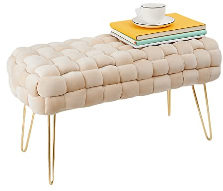 Zedelmaier Moderner Velvet SitzBank, Quadratisch Ottoman-Fußhocker mit goldfarbenen Metallbeinen, Gepolsterte Sitzhocker,Strick Samt Bank (Beige, 70x38x41.5cm)