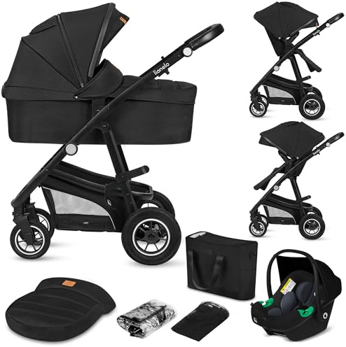 LIONELO BIANKA Kinderwagen 3 in 1 bis 22 kg Babywanne Autositz, Zusammenlegbar, Reise-System, Einstellung der Rückenlehne, Räder 360 Stoßdämpfer, Verdeck XXL