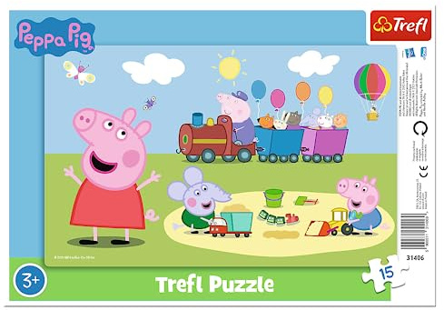 Trefl - Peppa Pig, Fröhlicher Zug - Rahmenpuzzle für Kleinkinder, 15 große Teile, Rahmen und starres Pad, mit Peppa Pig Märchenfiguren, für Kinder ab 3 Jahren