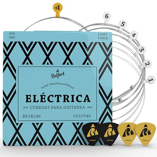BELFORT E-Gitarren-Saiten Nickel 010, 6er-Set + 4 Plektren & E-Saite | Erstklassige Nickel-Saiten inkl. extra hoher E-Saite & 4 Plektren – für E-Gitarre, ideal für Rock, Blues & Pop