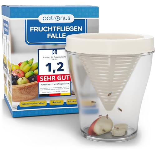 Patronus Fruchtfliegenfalle für Küche - 1x Wiederverwendbare Fruchtfliegen Lebendfalle zum Fruchtfliegen dauerhaft loswerden, spülmaschinengeeignete Fruit Fly Trap, robuste Obstfliegenfalle Küche