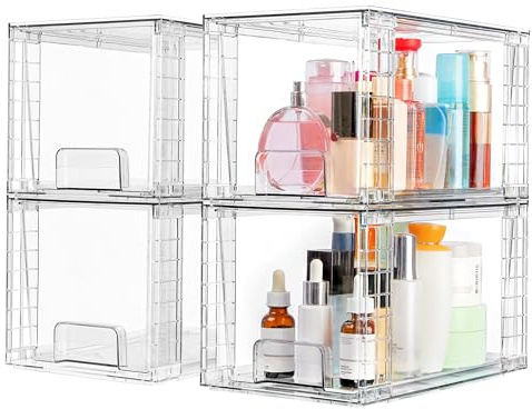 Vtopmart 4Pack Mittel Stapelbare Aufbewahrungsschubladen, Transparente Acryl-Schubladenorganisatoren mit Griffen, einfache Montage für Badezimmer, Schrank, Abstellraum, Make-up