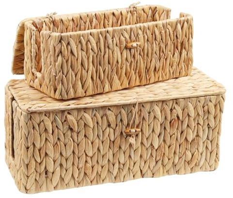 Caossuixin 2 Stück Kabelbox,Natürliche Geflochtene Wasserhyazinthe Kabelmanagement Box,Unter Schreibtisch Kabel Organizer Box mit Bambusdeckel,Kabelaufbewahrung mit Seitlicher Öffnung für Büro,Haus