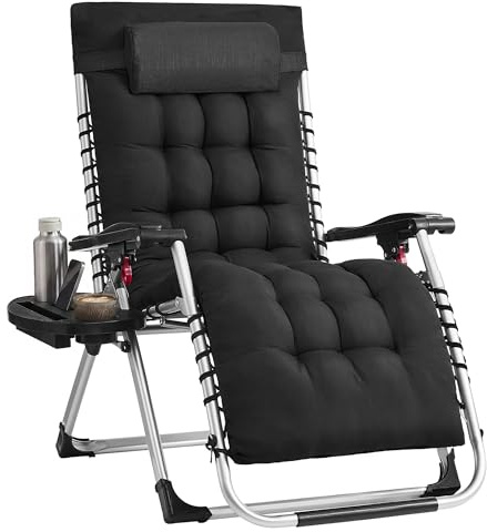 SONGMICS Sonnenliege klappbar, Liegestuhl, Kissen abnehmbar, Gartenstuhl Stahlgestell, Relaxliege bis 110 kg belastbar, Kopfkissen verstellbar, Tasche, Tablett, für Balkon, schwarz GLB040BZ02