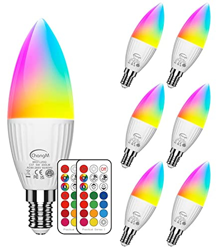 LED Lampe E14 RGBW Farbwechsel Glühbirne mit Fernbedienung, KaltesWeiß 6er | 5700K, 5 Watt (ersetzt 40W) Dimmbar Farben LED Glühbirne