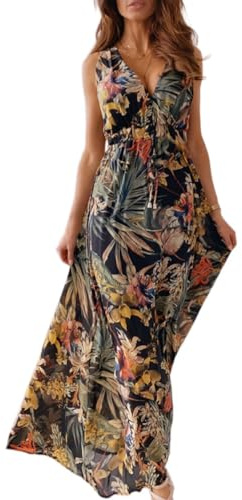 Yutdeng Kleid Damen Sommer Lang Trägerkleid Sommerkleid Lang V Ausschnitt Blumenmuster Rückenfrei Ärmellos Maxi Kleider Boho Strandkleid Blumenkleid Langes Kleid Sommer Elegant