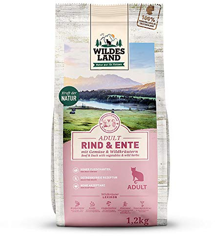 WILDES LAND – Rind | Trockenfutter mit extra hohem Fleischanteil und natürlichen Zutaten für ausgewachsene Katzen. Getreidefreies Alleinfutter ohne Zusatzstoffe im Beutel | 4x1,2kg Rind
