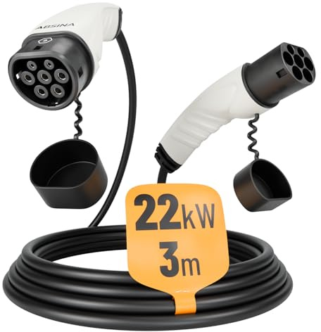 ABSINA Typ 2 Ladekabel 22kW & 32A für Hybrid & Elektroauto - 3 Meter Auto Ladekabel Typ2 3 phasig - Mode 3 Ladekabel - Kompatibel mit Model 3, e-Up, ID.3, Zoe, EQ fortwo, Kona Elektro, ID.4 UVM