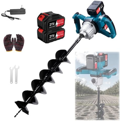 Zephviora Professional Akku Erdbohrer 1200W Bürstenlos mit 2X 4000mAh Akku,14x80cm Bohrer,Bürstenloser Elektrischer Erdlochbohrer Passend für Ø 4cm bis Ø 30cm Erdbohrer Zaunbau,Garten & Mörtelrührer