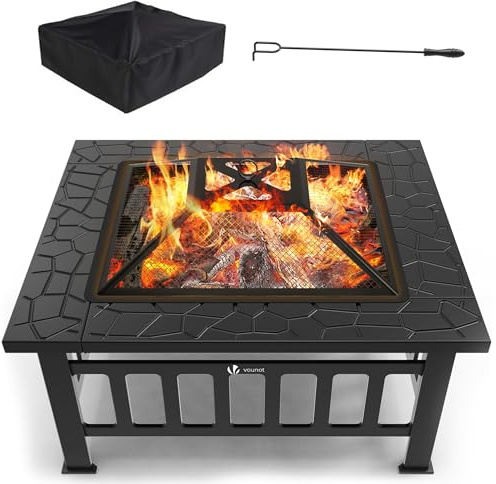 VOUNOT Feuerschale mit Funkenschutz, Feuerstelle Feuerkorb für Garden Terrasse Heizung, mit Wasserfester Schutzhülle, 81x81x45cm