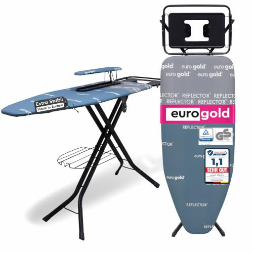 EUROGOLD Großes XXL Bügelbrett für Dampfbügelstation 130x48 cm, Sydney Grey | Bügelbrett: Steckdose, höhenverstellbar/klappbar, Ärmelbrett, Bügeleisenablage absenkbar für Dampfstationen, Reflektor-Bezug