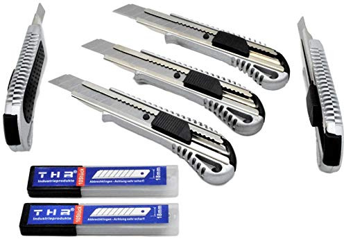 THR Industrieprodukte 5 Stück Alu Profi Cuttermesser THR Druckguss Teppichmesser 18mm Abbrechklinge Mehrzweck Messer 20 Klingen