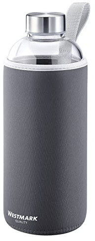 Westmark Trinkflasche, aus Glas mit Aufdruck, inkl. Schutzhülle, 1000 ml, Glas/Silikon/Kautschuk, BPA-frei, Viva, Anthrazit/Silber/Klar, 5274226A