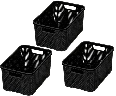 BranQ - Home essential Korb in Rattan Design 3er Set Grösse S 7l, BPA-frei Kunststoff PP, Schwarz, 28,5x19,5x12,9 cm, 3 Stk.