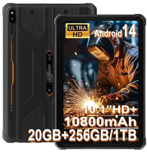 HOTWAV R10 Pro Tablet Outdoor, 10,1 Zoll HD+ Rugged Tablets, 20GB+256GB/2TB 10800mAh Android 14 Wasserdicht Tablet, 13MP+5MP Kamera IP68/IP69K, GPS/4G LTE Dual SIM/5G WiFi/Face ID